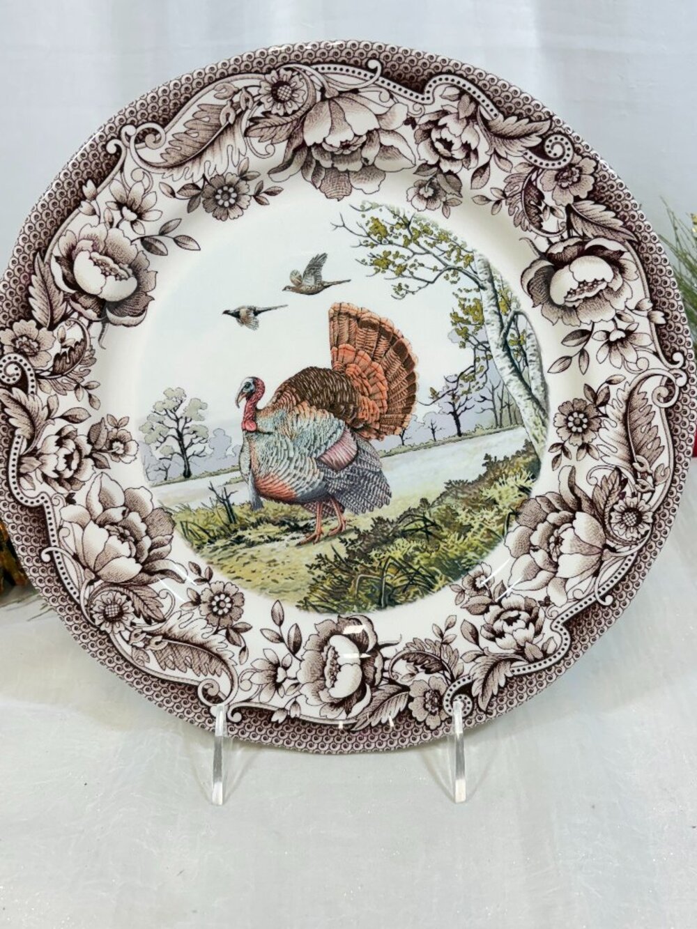 LEGEND British Heritage Thanksgiving Turkey Floral Border Dinner Plates Set 2